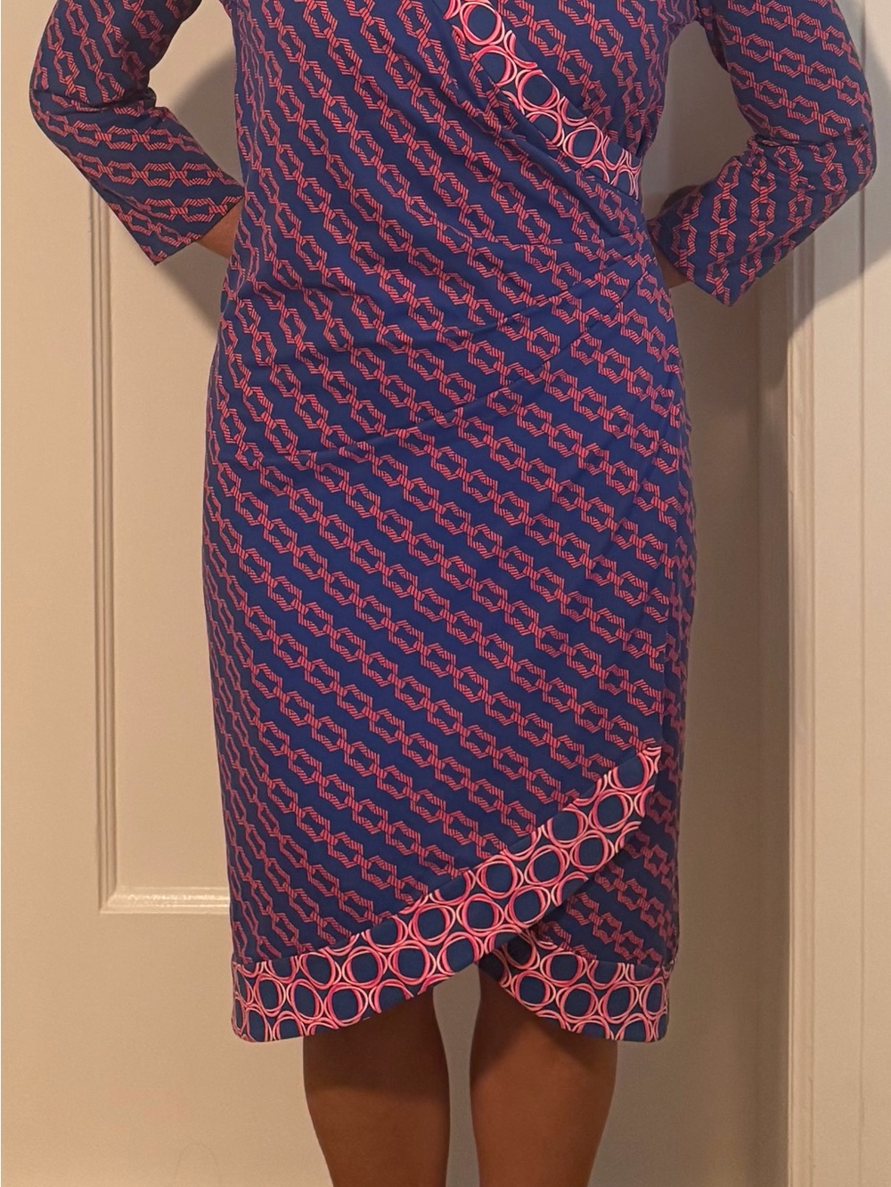 Faux-Wrap Midi Dress in Navy and Pink Geometric Print